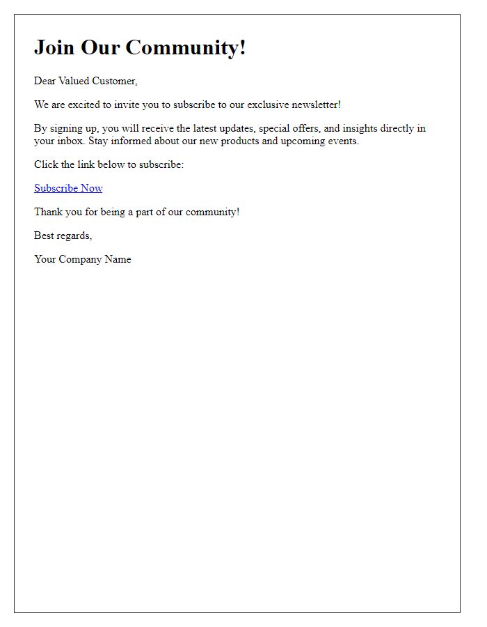 Letter template of newsletter subscription invitation for new customers