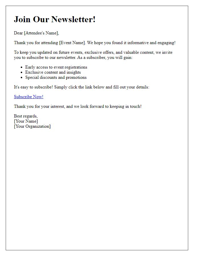 Letter template of newsletter subscription proposal for event attendees