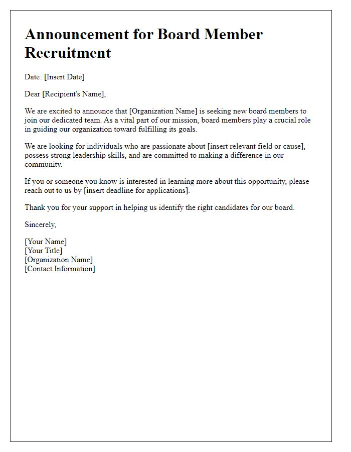 Letter template of announcement for board member recruitment