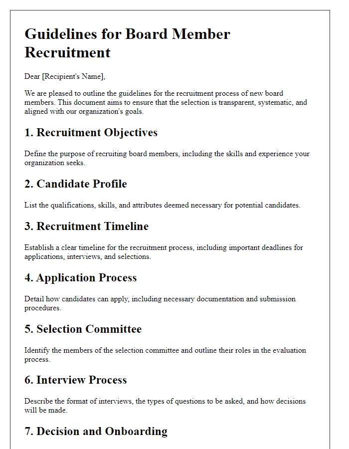 Letter template of guidelines for board member recruitment process