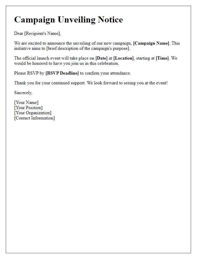 Letter template of campaign unveiling notice