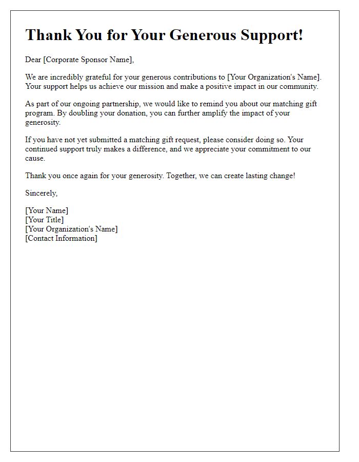 Letter template of matching gift thank-you request to corporate sponsors