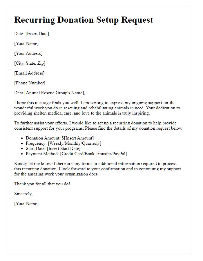 Letter template of recurring donation setup request for an animal rescue group.