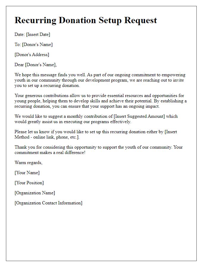 Letter template of recurring donation setup request for a youth development program.