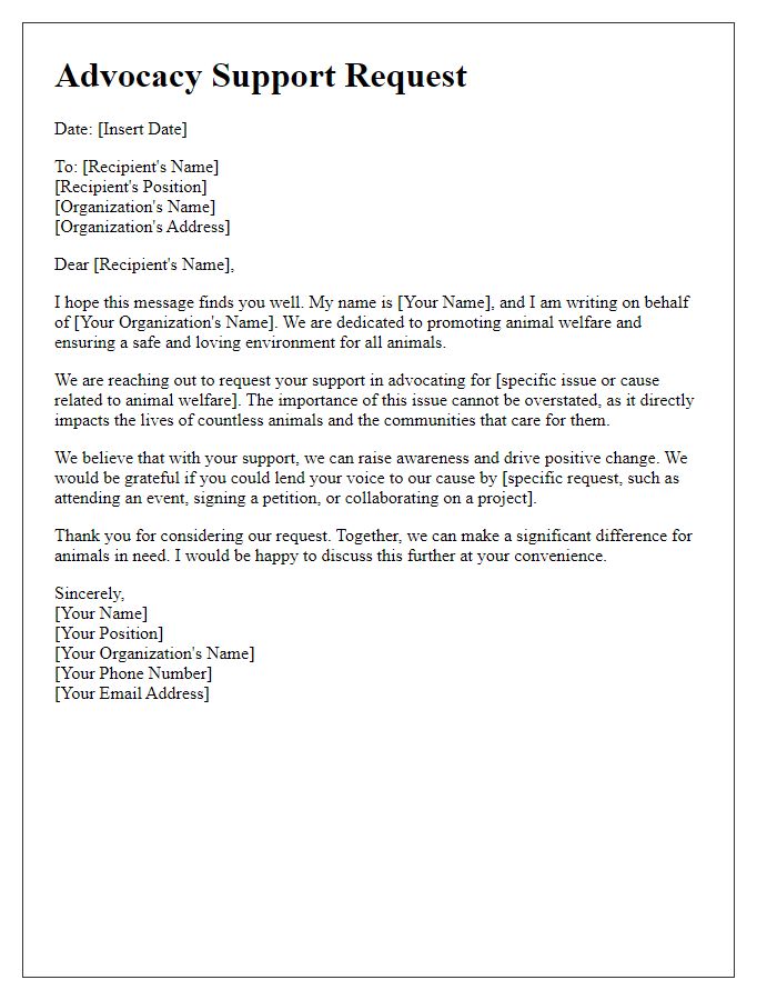 Letter template of advocacy support request for animal welfare organizations.