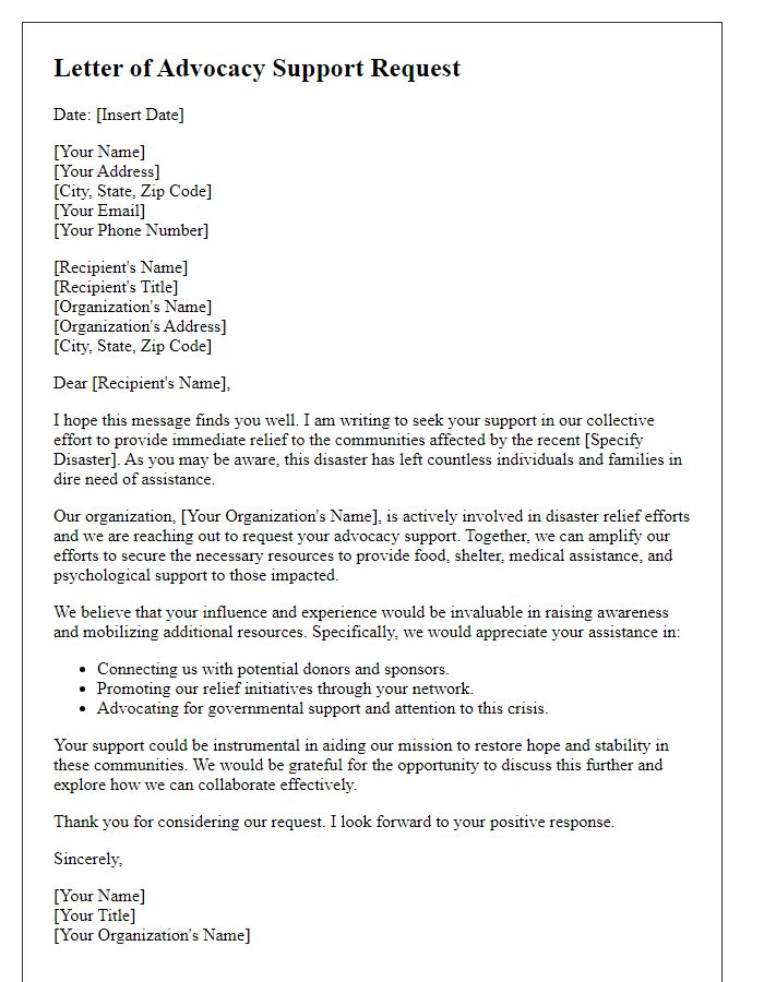 Letter template of advocacy support request for disaster relief efforts.