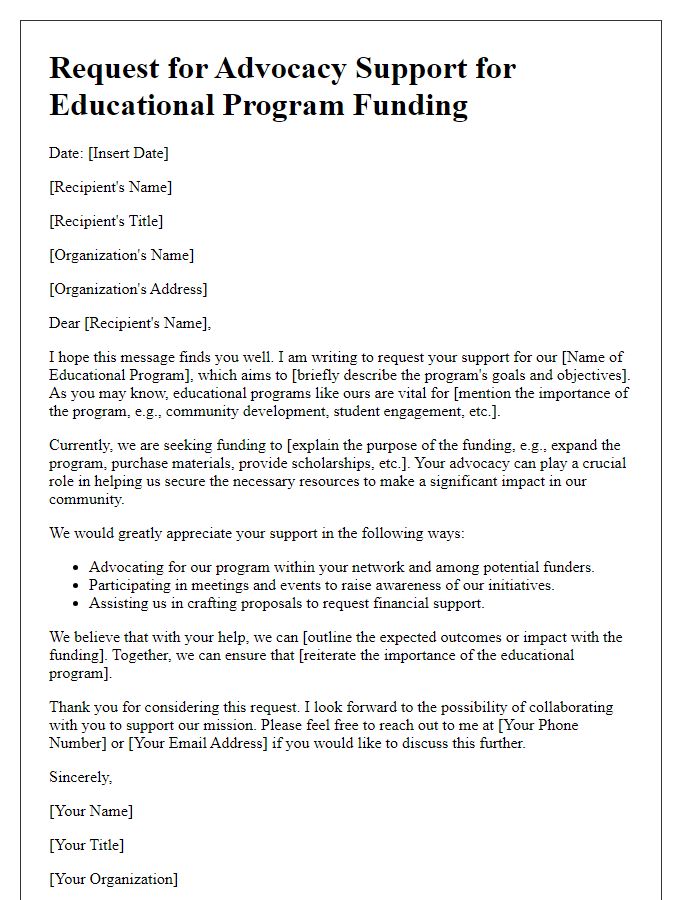 Letter template of advocacy support request for educational program funding.