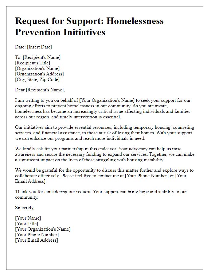 Letter template of advocacy support request for homelessness prevention initiatives.