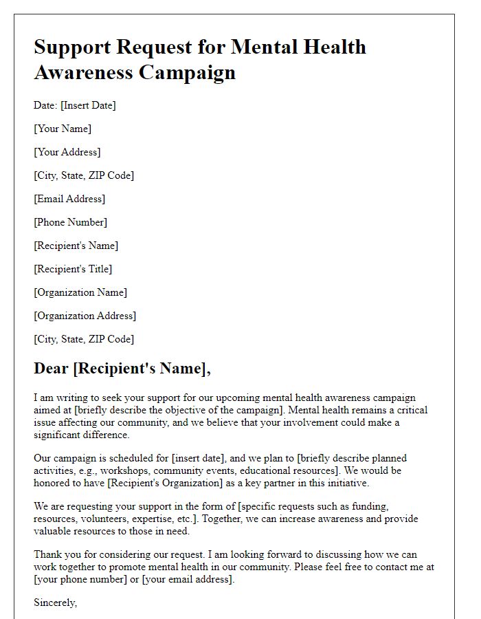 Letter template of advocacy support request for mental health awareness campaigns.