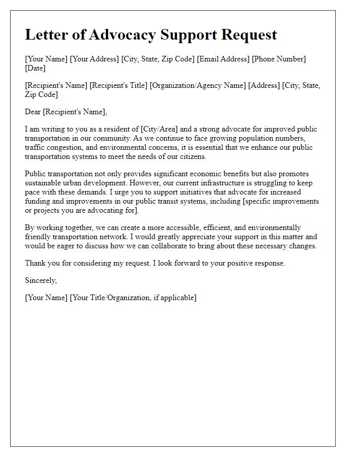 Letter template of advocacy support request for public transportation improvements.