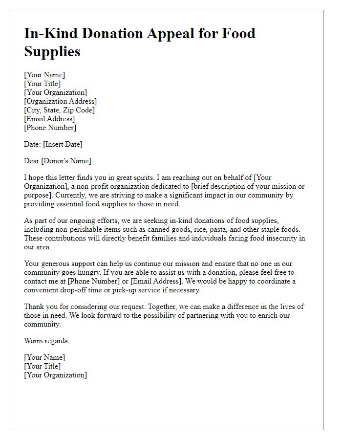 Letter template of in-kind donation appeal for food supplies.