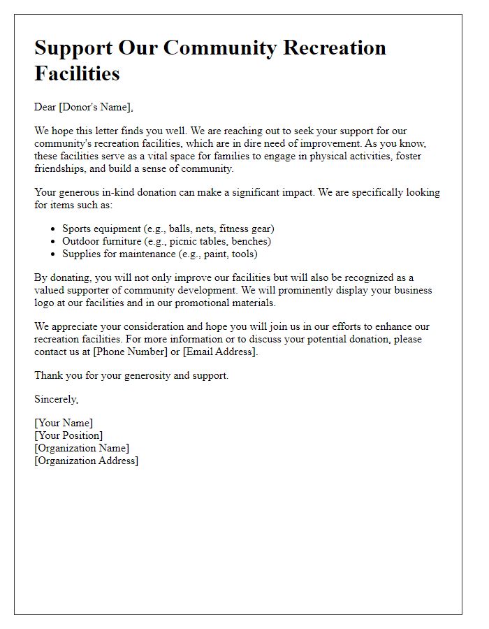 Letter template of in-kind donation appeal for recreation facilities improvement.