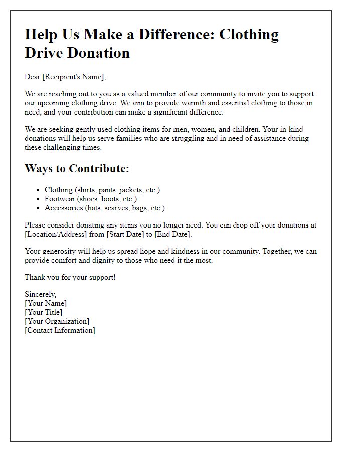 Letter template of in-kind donation campaign for clothing drive.