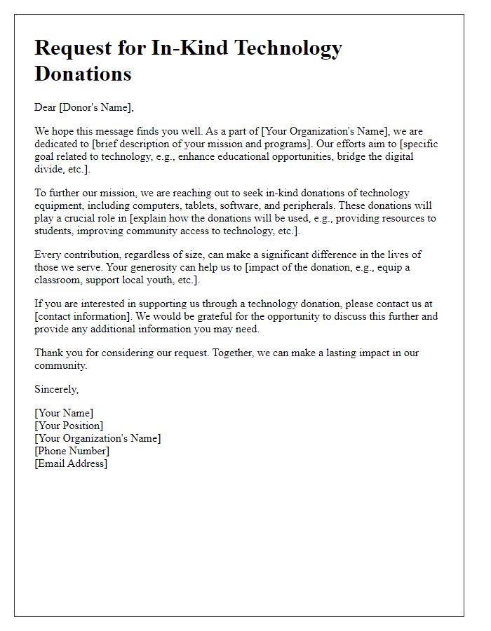 Letter template of in-kind donation plea for technology donations.