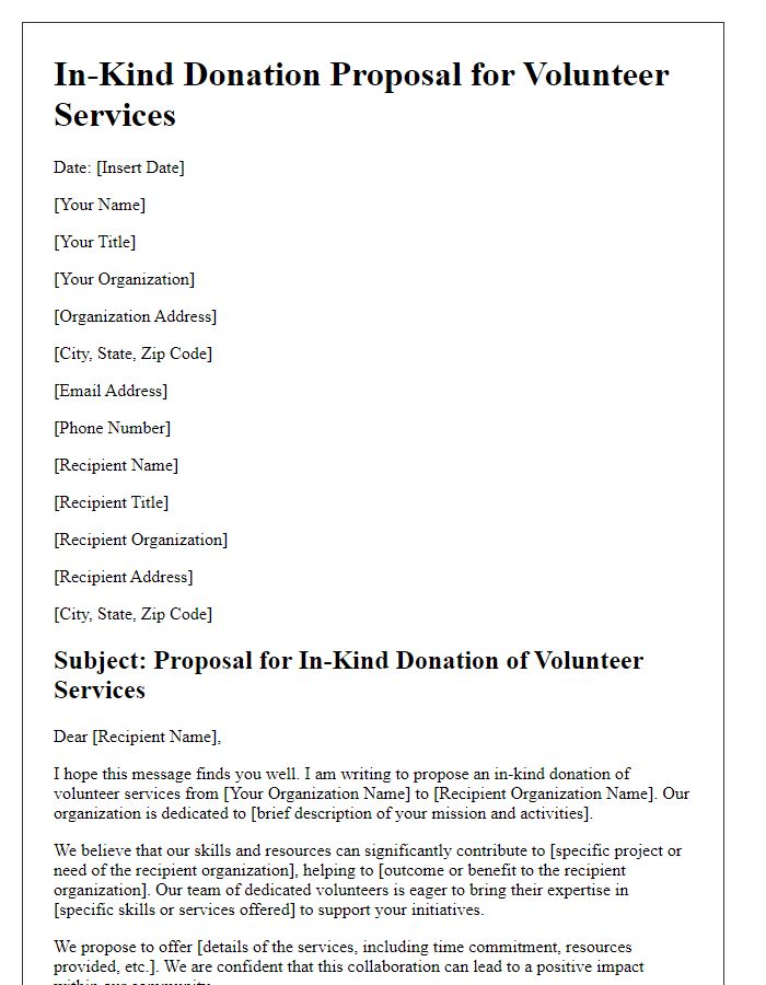 Letter template of in-kind donation proposal for volunteer services.