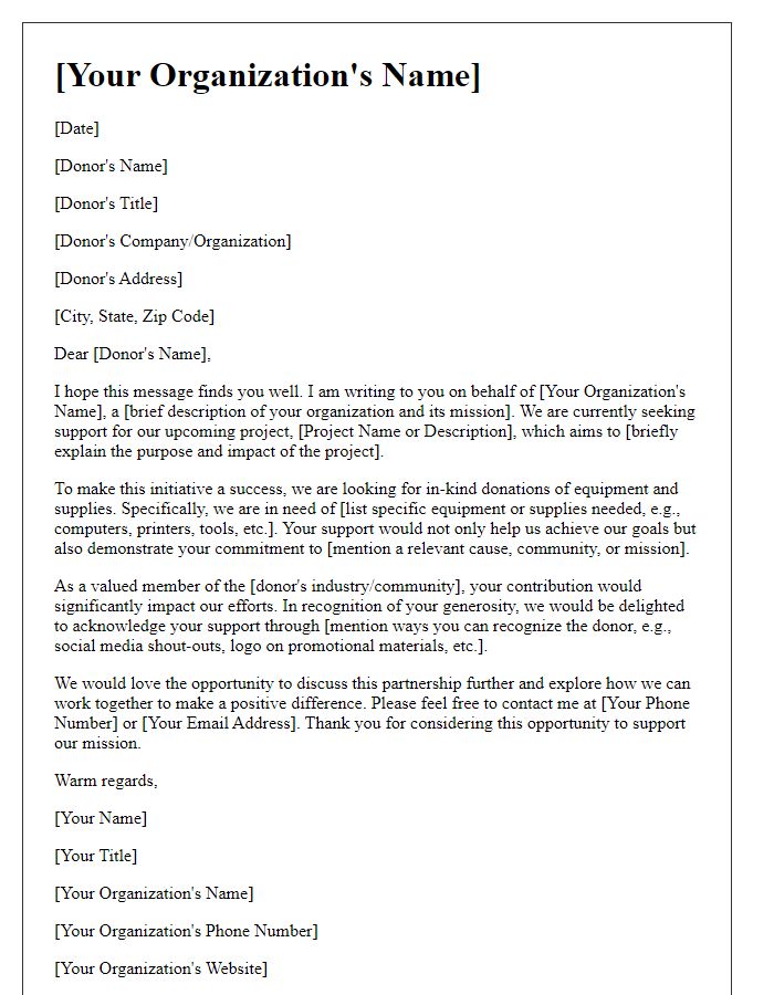 Letter template of in-kind donation solicitation for equipment sponsorship.