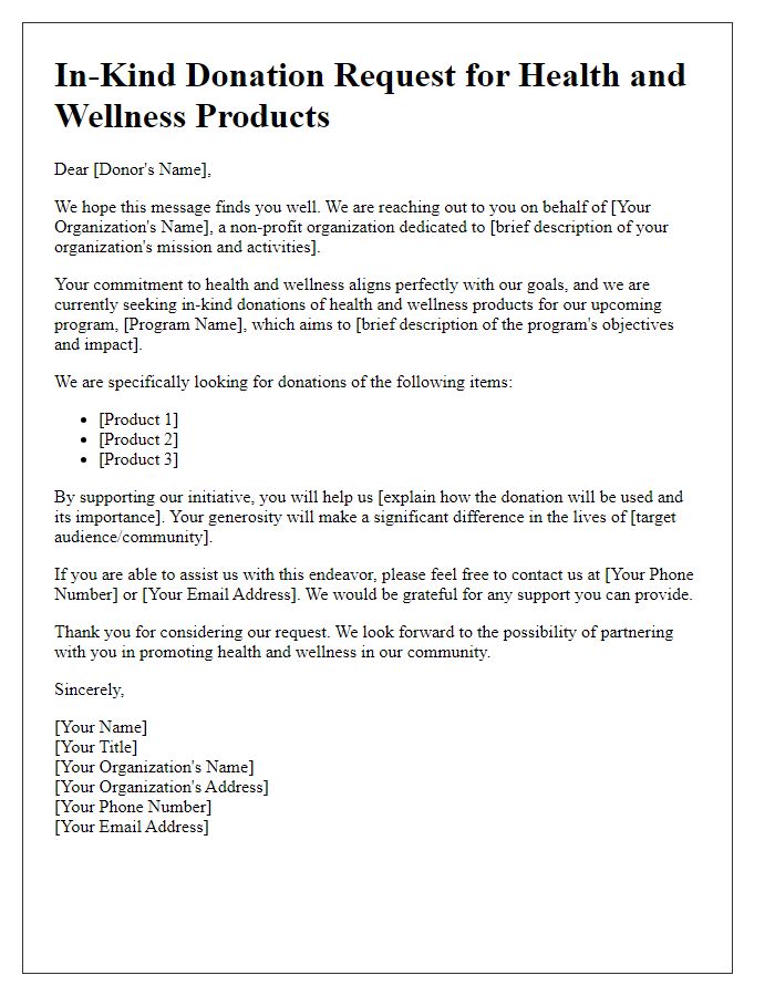 Letter template of in-kind donation solicitation for health and wellness products.