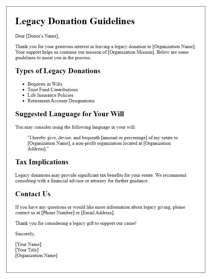 Letter template of legacy donation guidelines