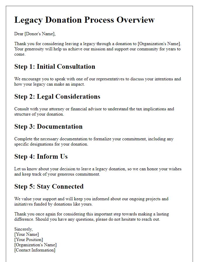 Letter template of legacy donation process overview