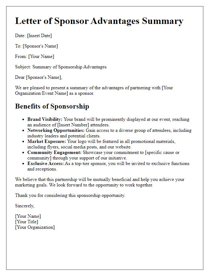 Letter template of sponsor advantages summary.