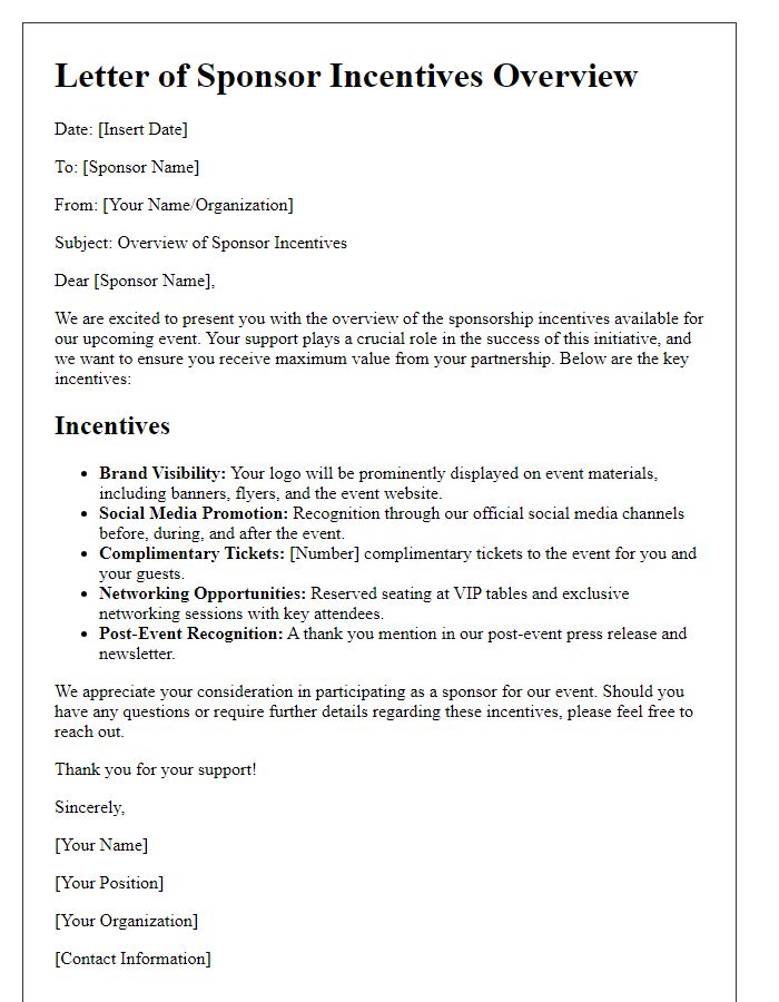 Letter template of sponsor incentives overview.