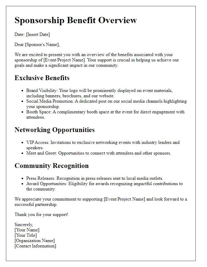 Letter template of sponsorship benefit overview.