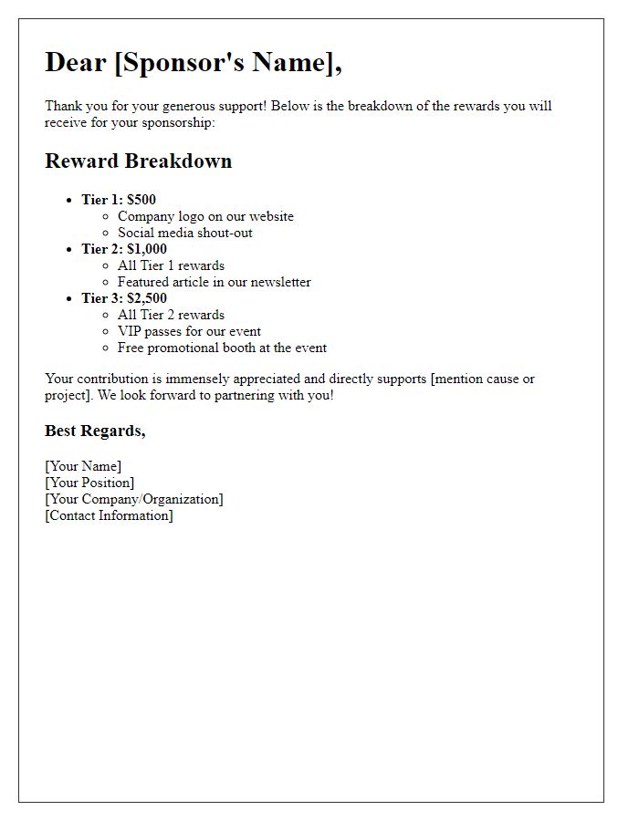 Letter template of sponsorship rewards breakdown.