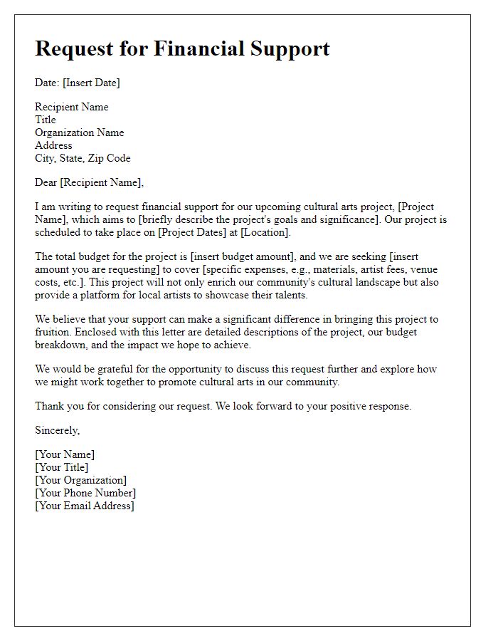 Letter template of financial support request for cultural arts projects