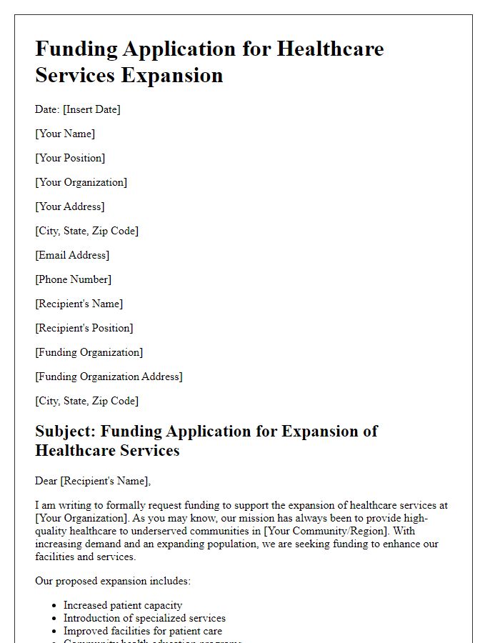 Letter template of funding application for healthcare services expansion