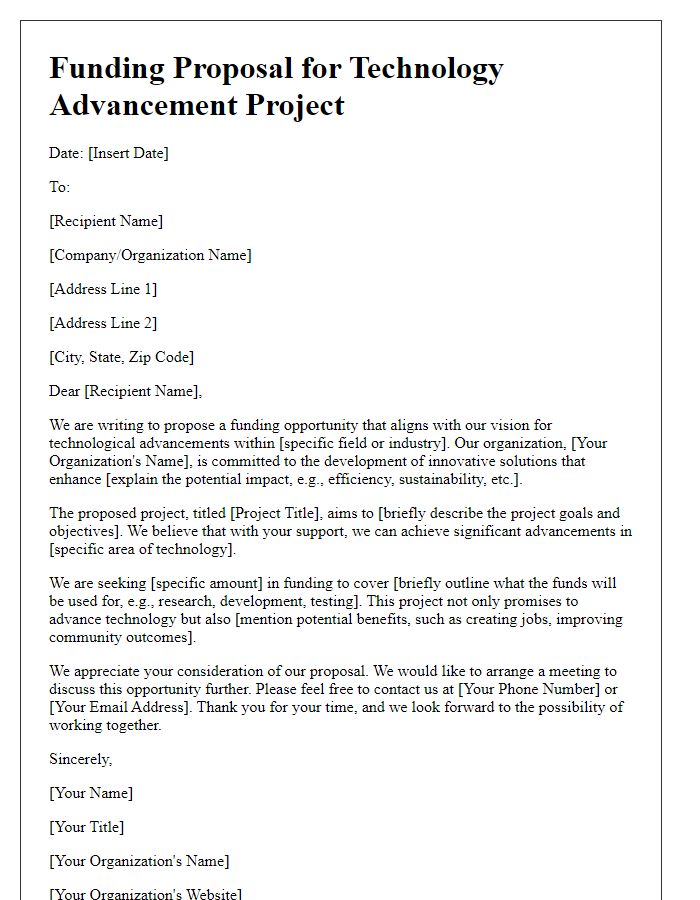 Letter template of funding proposal for technology advancement projects