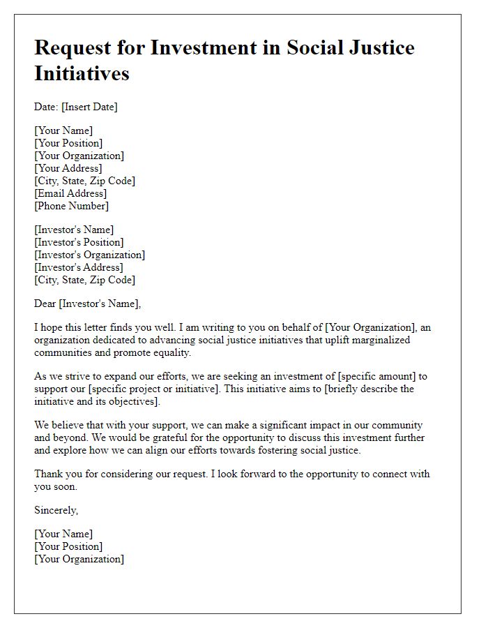 Letter template of request for investment in social justice initiatives