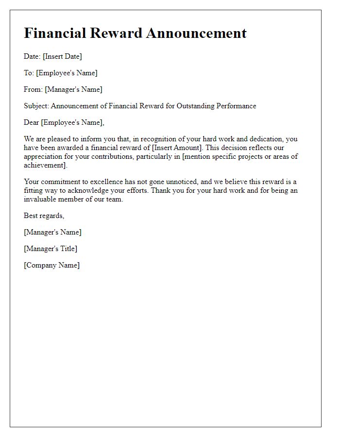 Letter template of financial reward announcement for hard work