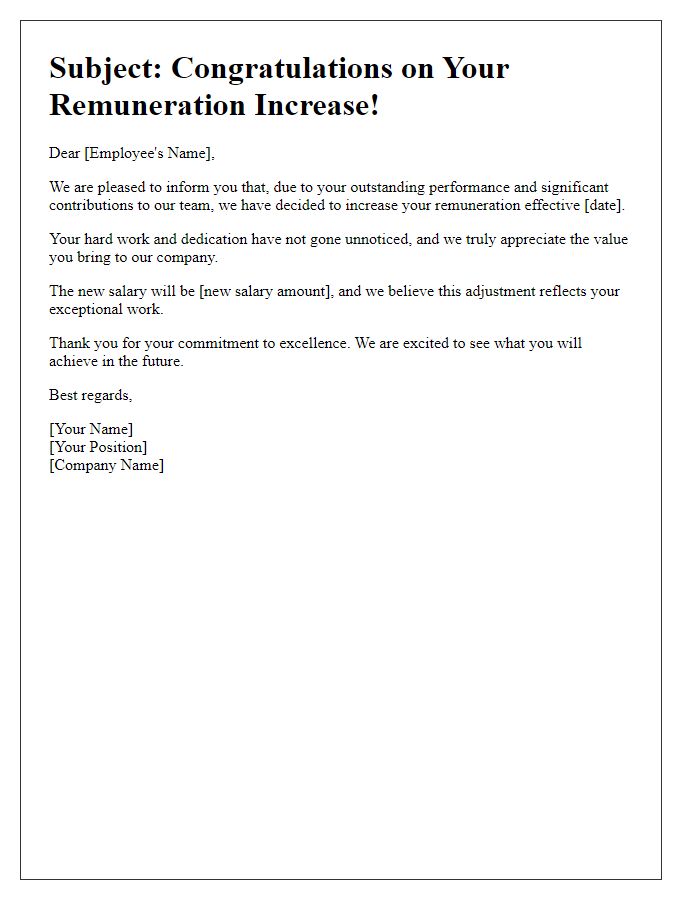 Letter template of remuneration increase message for outstanding performance