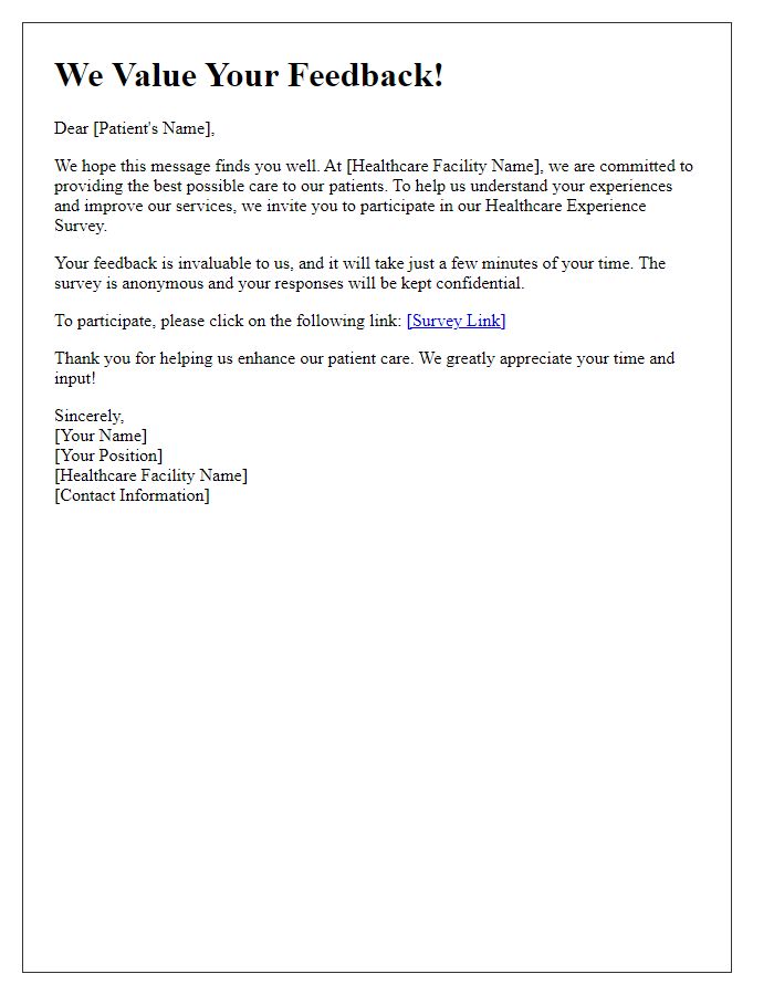 Letter template of healthcare experience survey invitation.