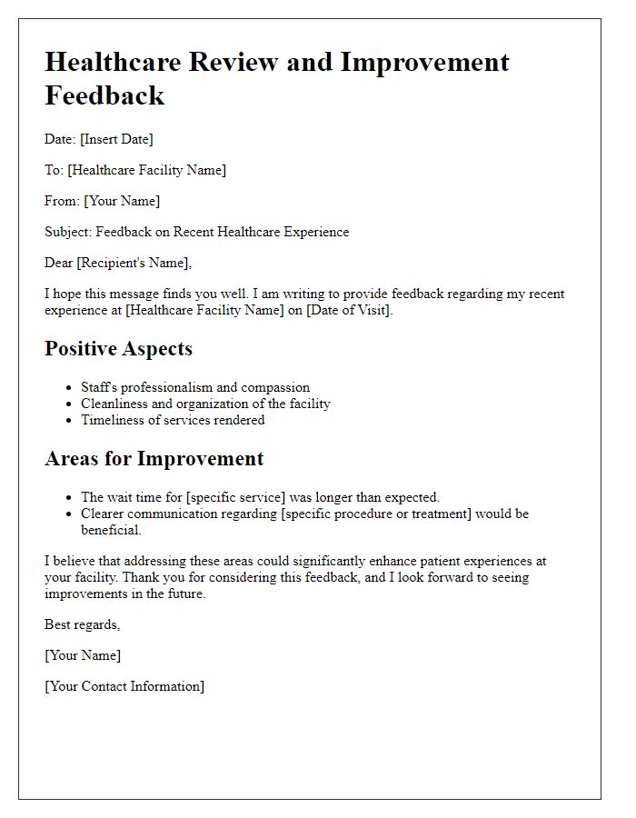 Letter template of healthcare review and improvement feedback.