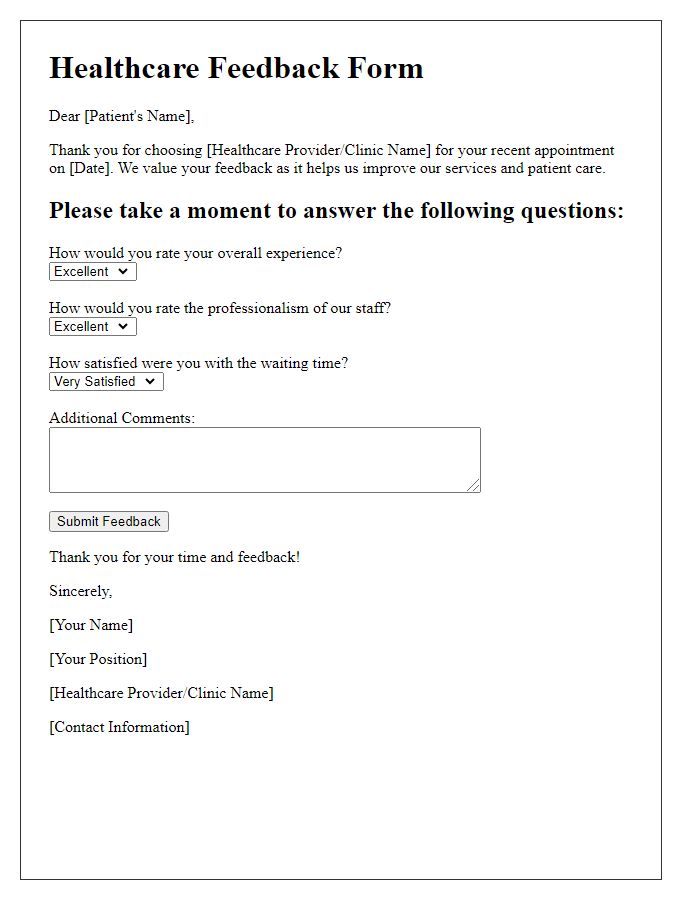 Letter template of post-appointment healthcare feedback form.