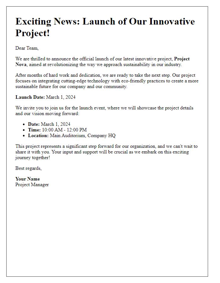 Letter template of an innovative project launch announcement