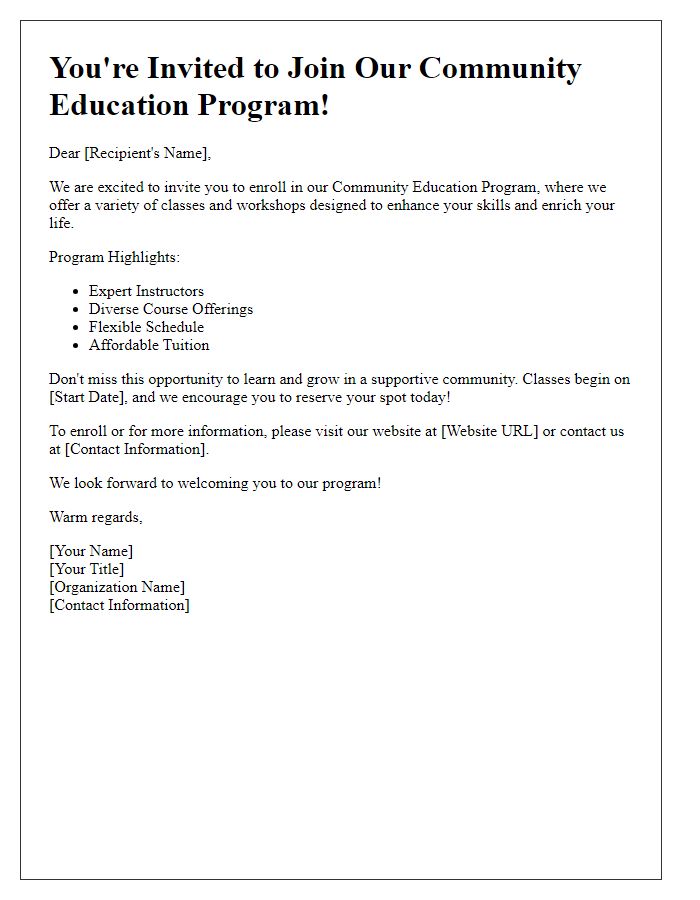 Letter template of enrollment invitation to our community education program