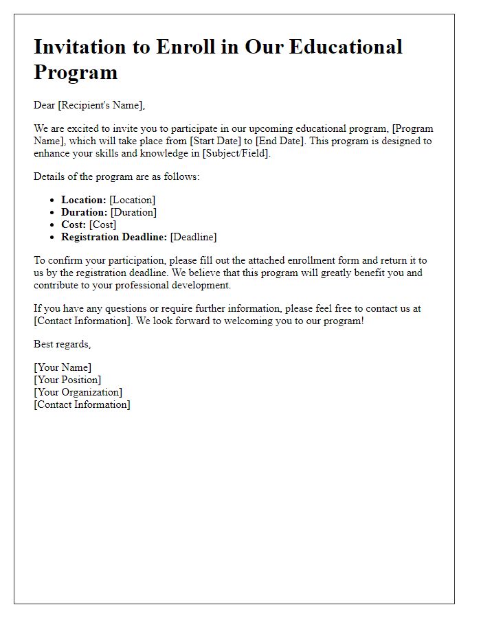 Letter template of enrollment invitation for educational program participation