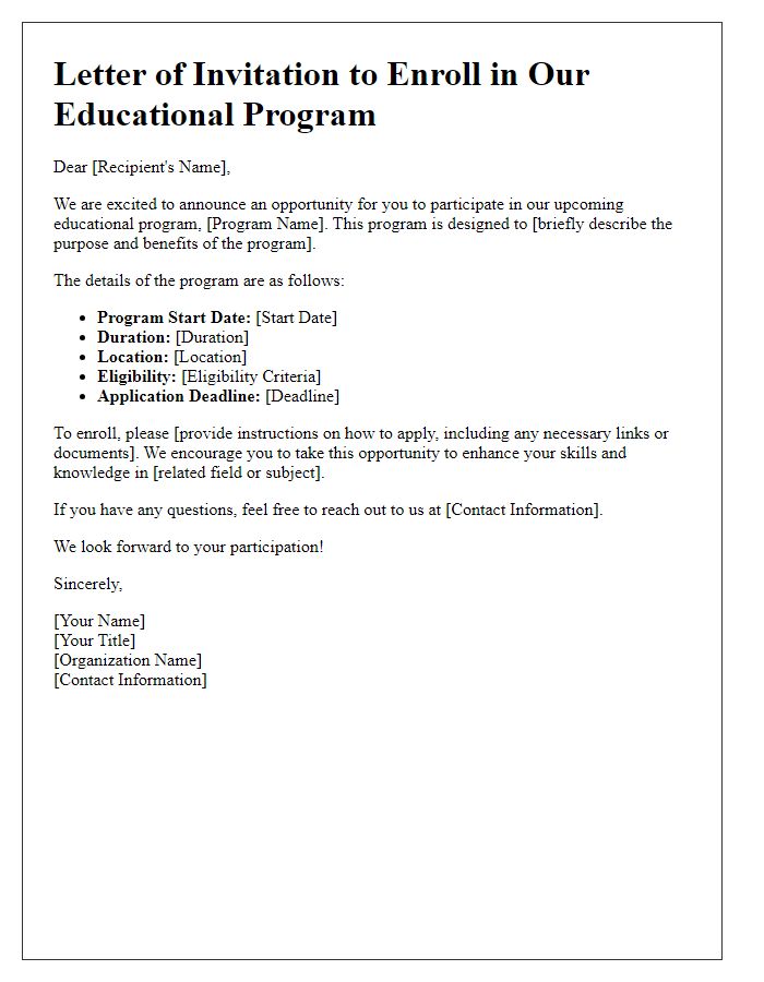 Letter template of opportunity to participate in educational program enrollment