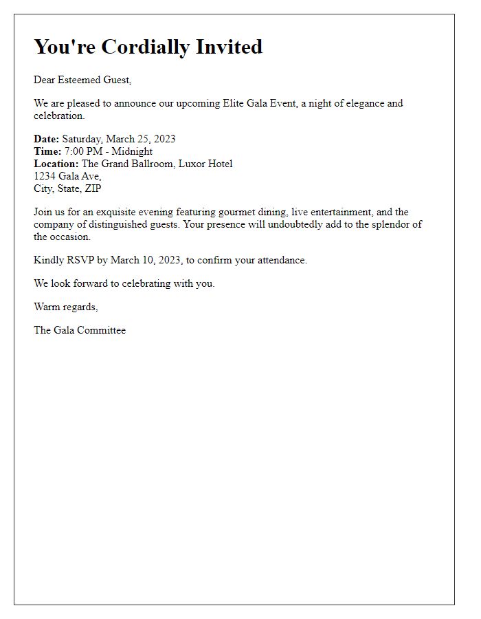 Letter template of elite gala event announcement for special guests