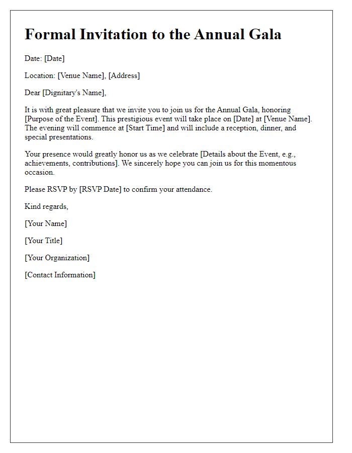 Letter template of formal gala event notice for dignitaries