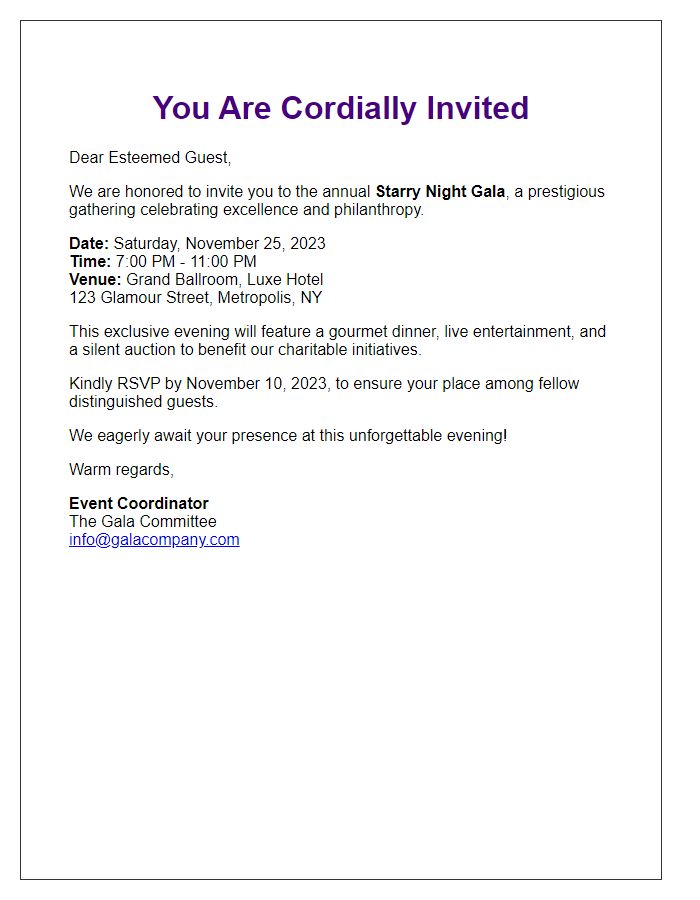 Letter template of high-profile gala gathering invitation for esteemed invitees