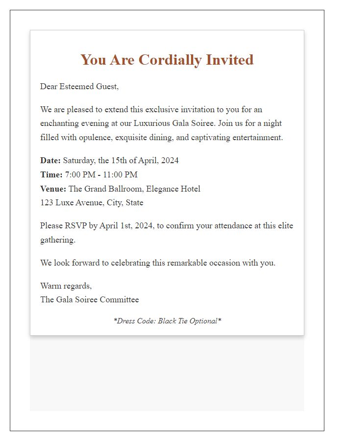 Letter template of luxurious gala soire invitation for influential figures