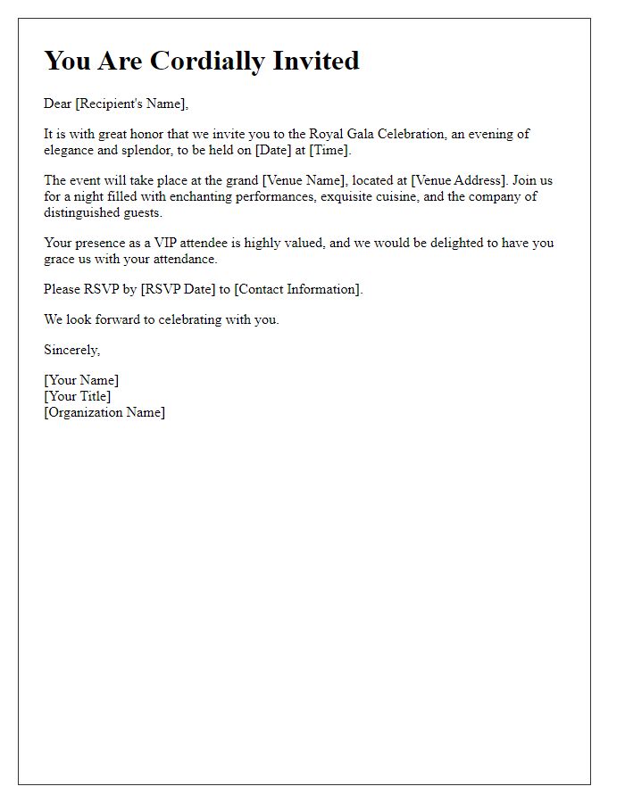 Letter template of royal gala celebration invitation for VIP attendees