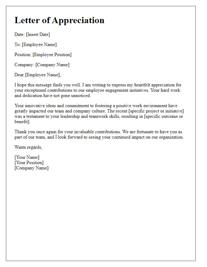 Letter template of Appreciation for Employee Engagement Contributions