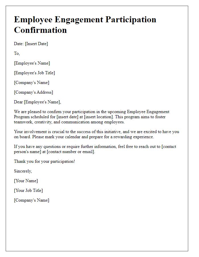 Letter template of Confirmation for Employee Engagement Participation