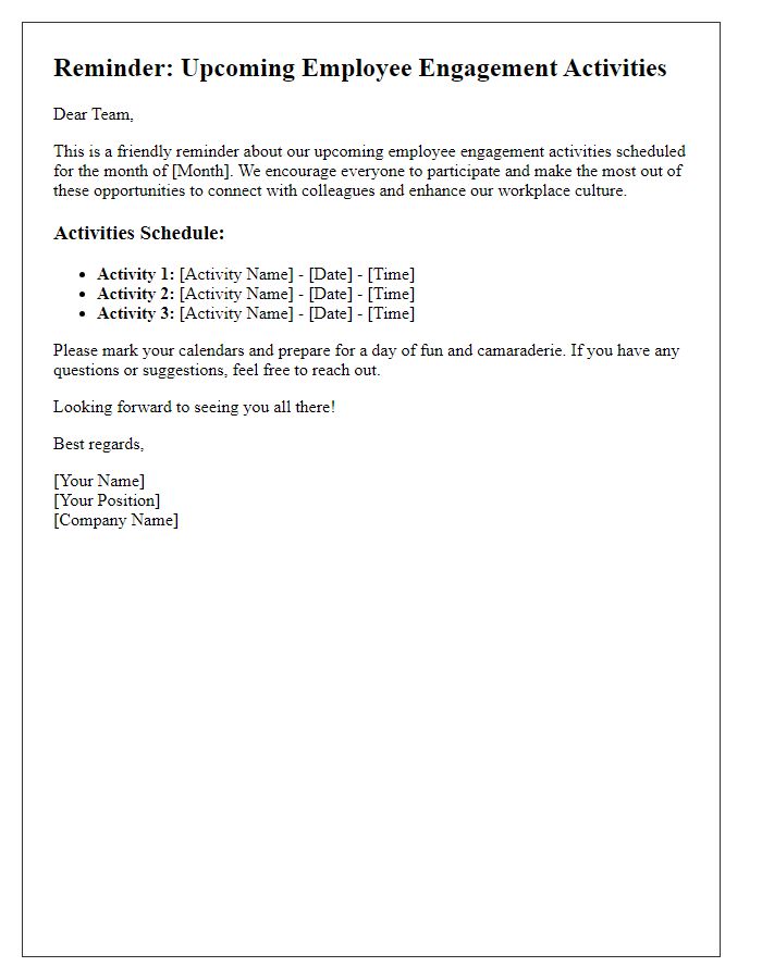 Letter template of Reminder for Upcoming Employee Engagement Activities