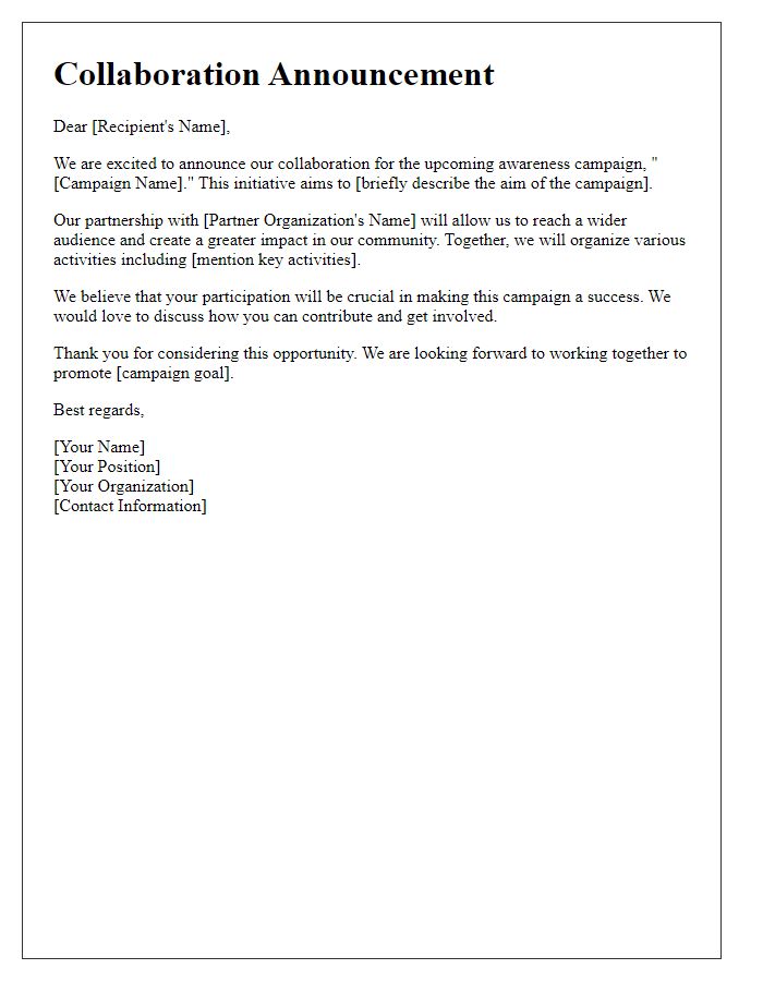 Letter template of awareness campaign collaboration announcement