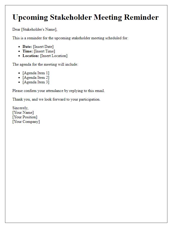 Letter template of upcoming stakeholder meeting reminder